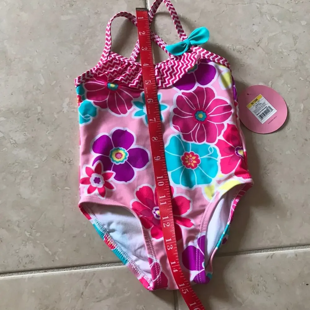 Circo Girls‎ Swimsuit Size 6-12 Mo Pink Floral Flowers UPF 50+ Bathing Suit NEW
